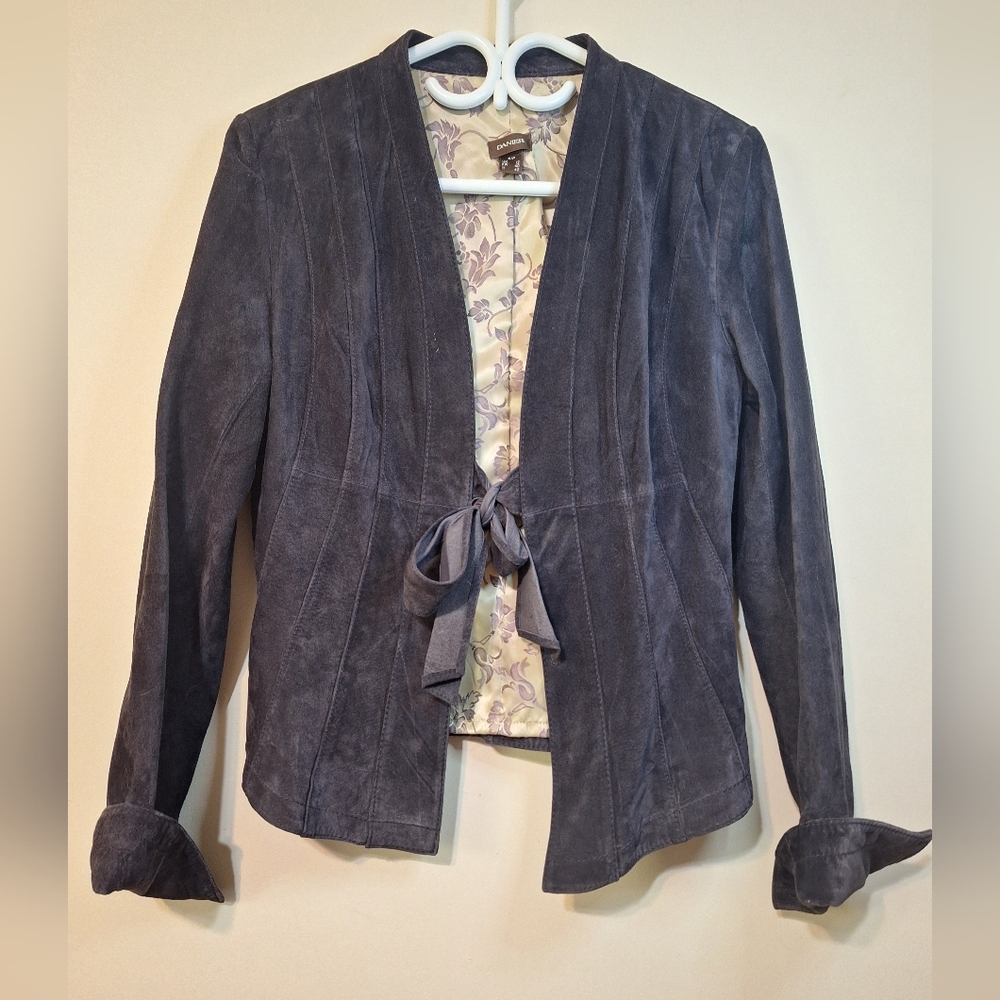 Danier Small dark purple suede leather tailored fit tie front blazer jacket